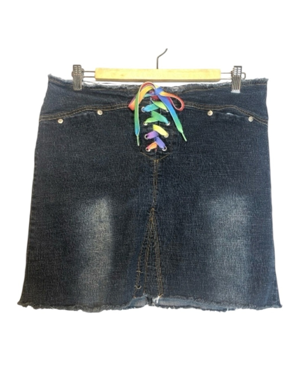 𝅺Bongo Y2K Denim Stretch Dark Wash Lace Up Mini Skirt, size 13 (fits like 12)